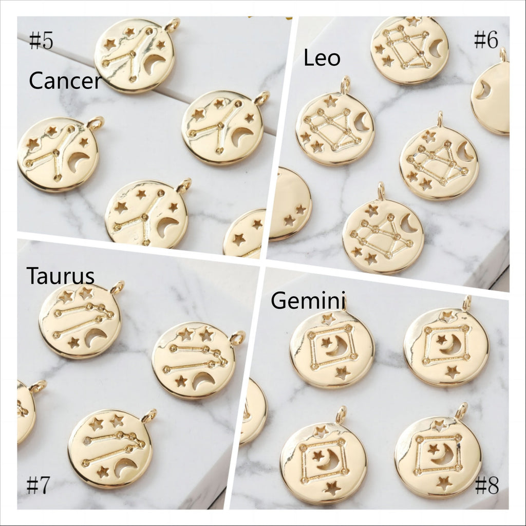 Zodiac Charms, Round Constellation Pendant, 14K Gold Plated Zodiac Sign, Necklace Making Charms, Birthday Gift Jewelry Findings JG048