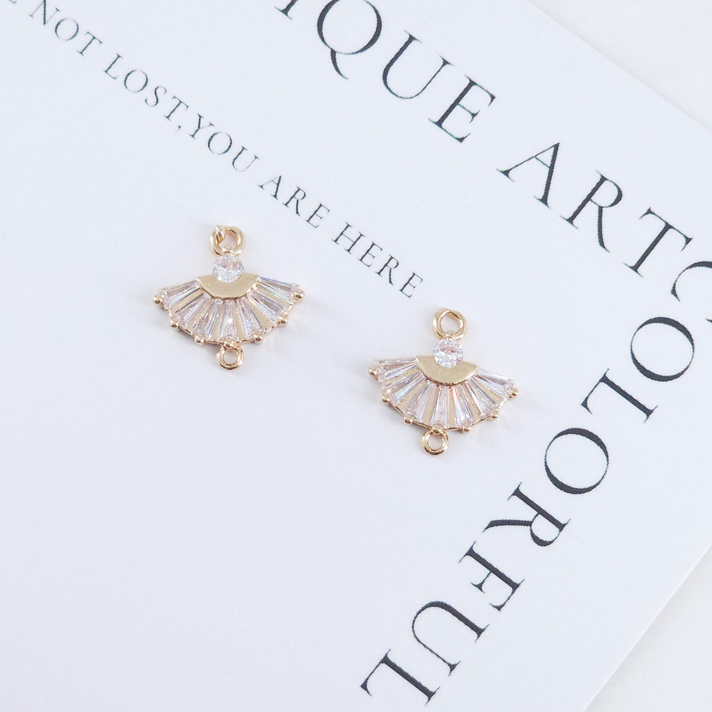 CZ Pave Fan Shape Charm, Cubic Zircon Crystal Fan Connector, CZ Earring Charms,Real Gold Plated Earring Charms, Jewelry Findings ZR003-F072