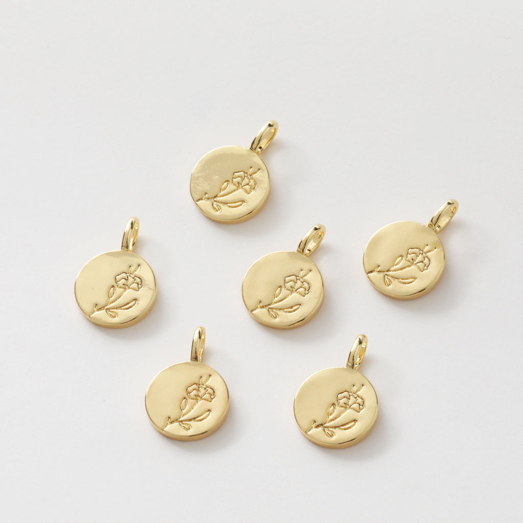 Flower Charm On Round Shape, 18K Gold/Silver Plated, Flower Pendant, Necklace Earring Making Charms, 18mm, Jewelry Findings JH022