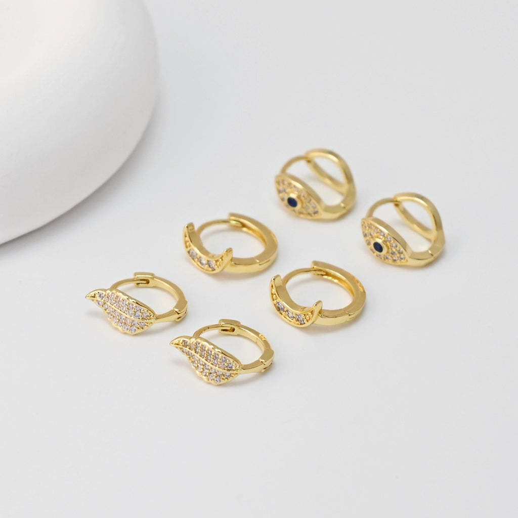 CZ Pave Leaf/Moon/Evil Eye Earring Hoop, Gold Plated Huggie Hoop Earring, DIY Earring  Findings, Handmade Earring Supplies D0537-D0560-D0542