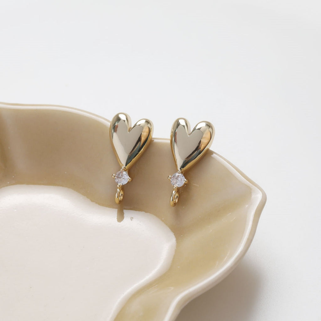 Gold Polished love heart CZ Earring Post,  14K Gold Nickel Free Earrings, S925 Silver Ear Pins, 20mm, Heart Shape Ear Stud with Loop bb137