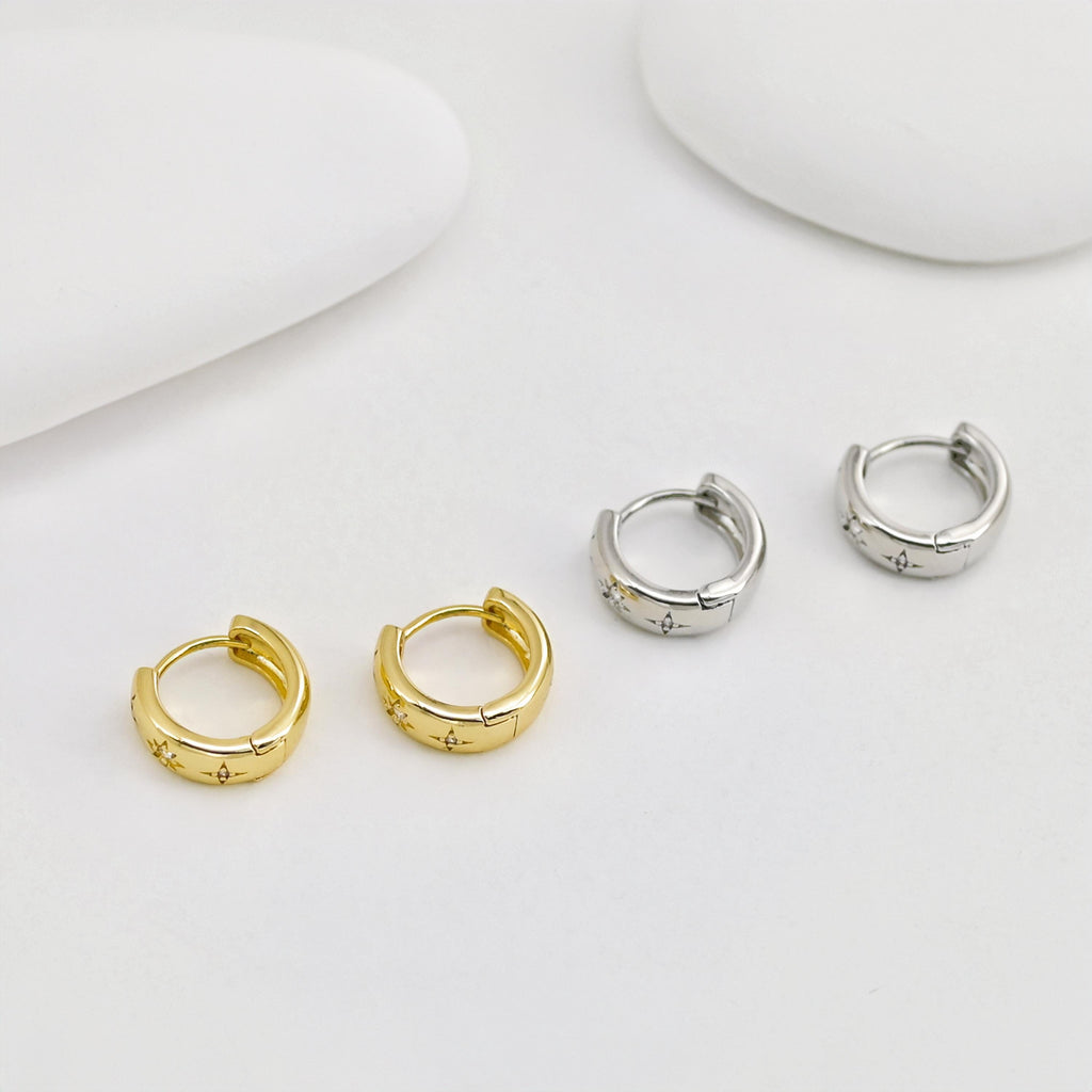 Aros de circonita cúbica con forma de estrella, redondos, de 14 mm, chapados en oro de 18 quilates, con cierre de palanca, D0526