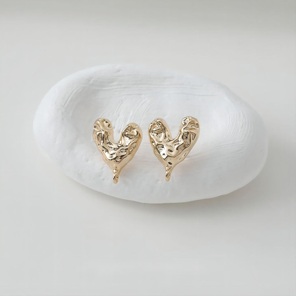 قرط على شكل قلب مطروق، ذهب/فضة عيار 14 قيراط، قرط من الفضة الإسترليني S925 بدون نيكل، قرط على شكل قلب مع حلقة GE007