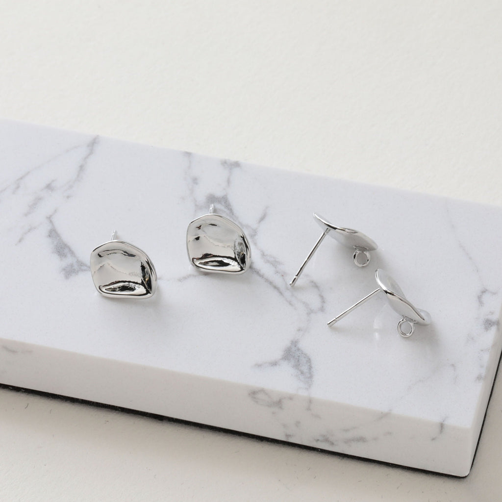 Hammered Irregular Earring Post, S925 Silver Pin, CZ Pave, Nickel Free Earrings, Irregular Shape Ear Stud with Loop JJ026-CX012