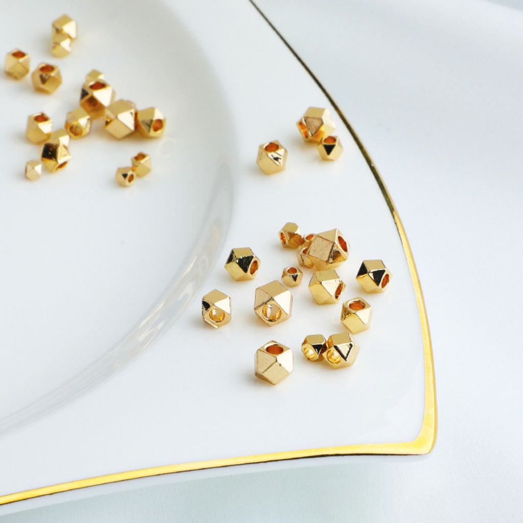 20pcs- Faceted Beads, 3mm, 18K Shiny Gold Diamond Beads, Bracelet Beads, Gold Plated Spacer Beads, Big Hole, Jewelry Finding TH003