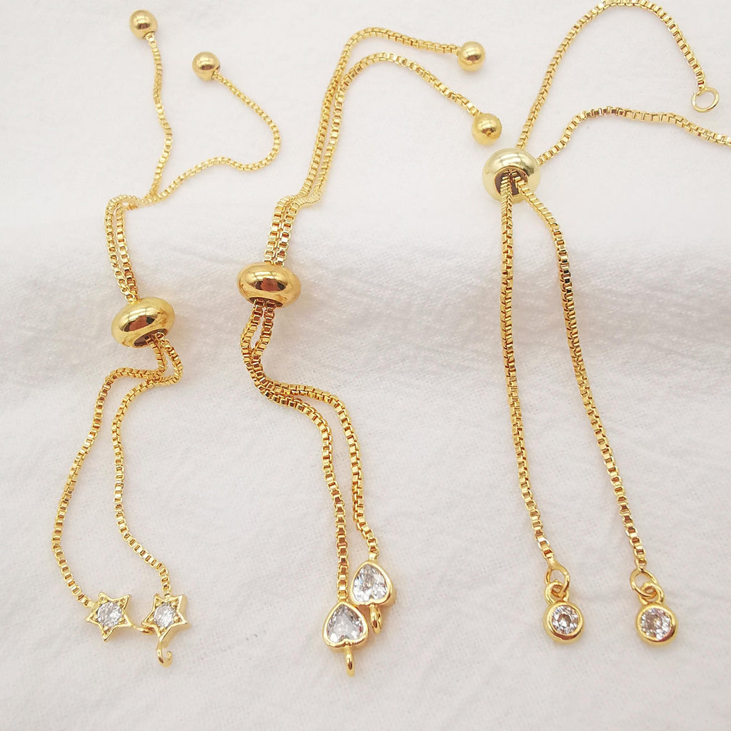 5PCS Adjustable Bracelet Making Chain For Making, 18K Gold Plated Half Finished Slide Box Chain with Rubber Stopper Beads 1.2mm Flat, S992