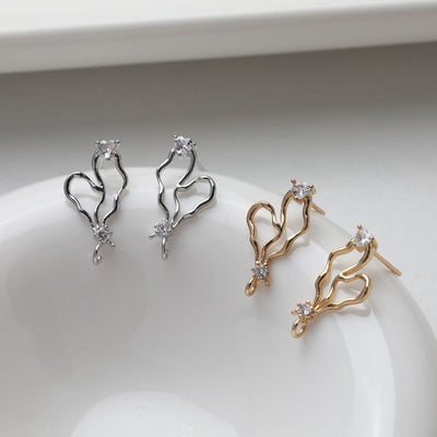 Irregular Heart Shape Earring Post, 14K Gold/Silver, CZ Pave, S925 Silver Pin Nickel Free Earrings, Circle Ear Stud with Loop GE103