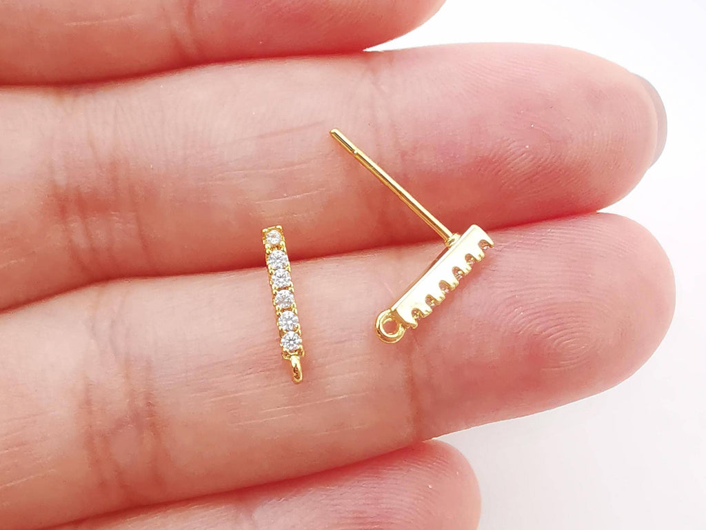 10PCS Rectangle Ear Post with Loops, Nickel Free, Micro CZ Pave, 11x2mm, 18K Gold Plated Stud Earring Finding S271