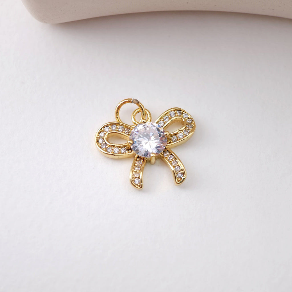 CZ Pave Bow Tie Charm, Cubic Zircon Crystal Bow Tie Pendant, Bracelet Necklace Pendant,  Gold Plated, Jewelry Findings S1217
