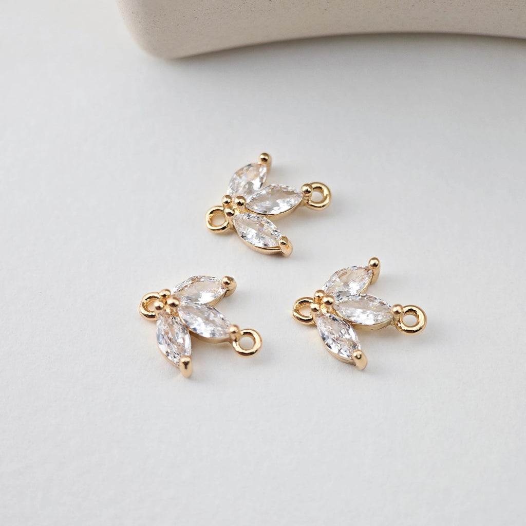 Tiny Leaf Connector, Cubic Zircon Crystal Leaf Pendant, CZ Earring Charms,  Gold Plated Brass Earring Charms, Jewelry Findings D0236