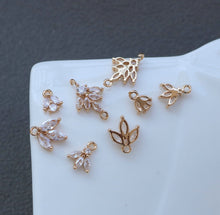 Load image into Gallery viewer, Tiny Leaf Connector, Cubic Zircon Crystal Leaf Pendant, CZ Earring Charms,  Gold Plated Brass Earring Charms, Jewelry Findings HL011-F194
