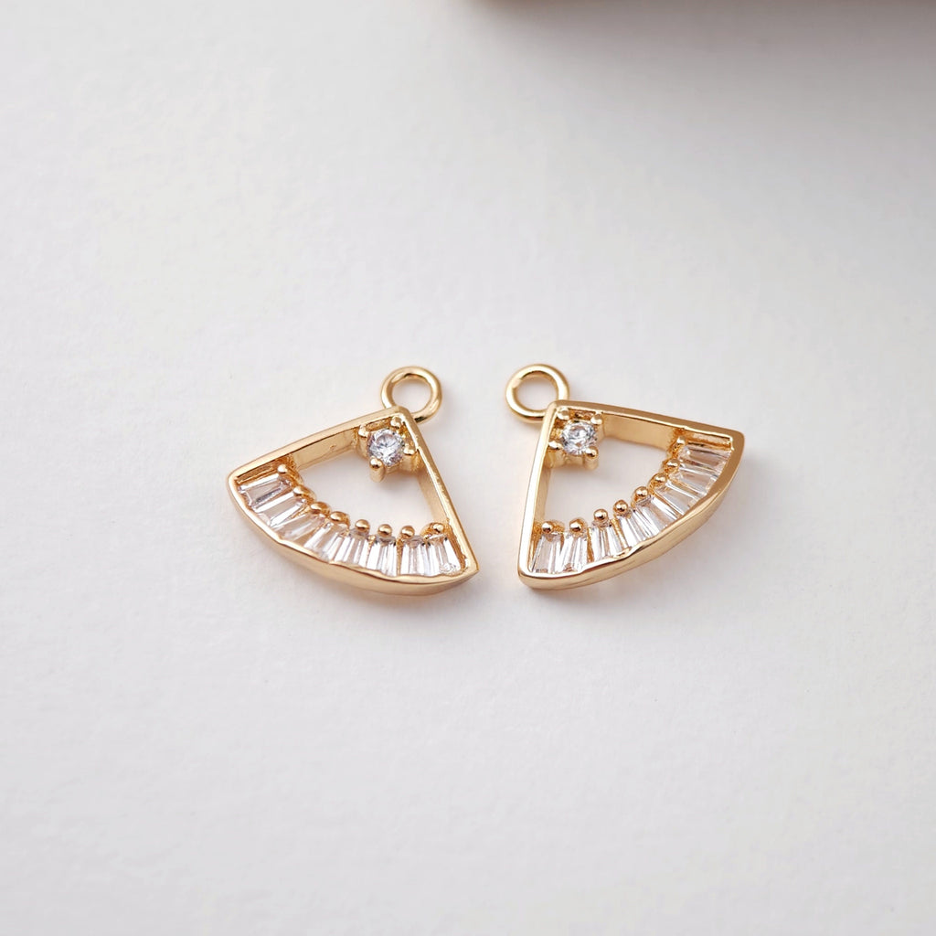 CZ Pave Fan Shape Charm, Cubic Rhombic Pendant, Earring Pendant, Real Gold Plated Brass Earring Charms, Jewelry Findings D0076