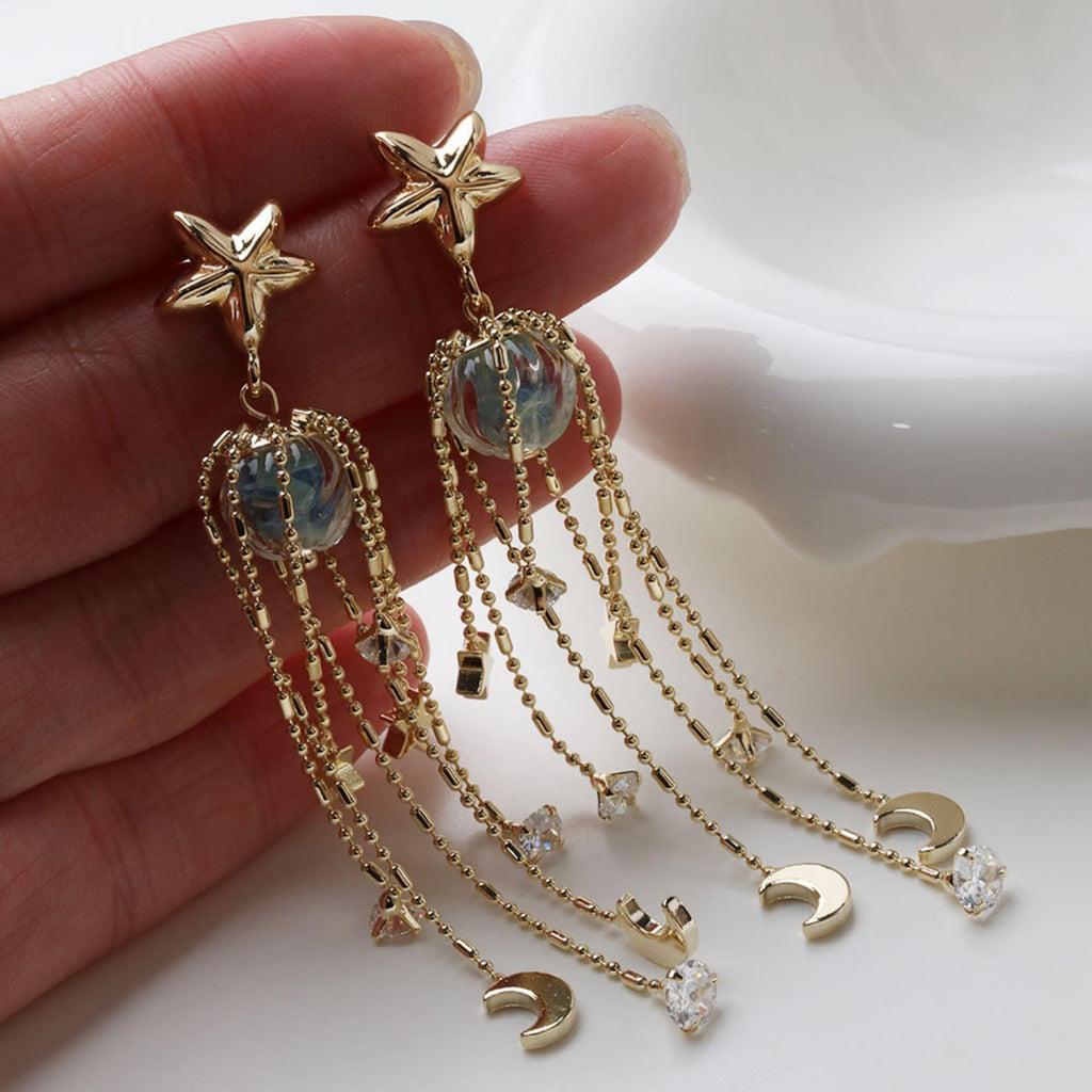 Star and Moon Tassel Pendant with Cap, 14K Gold Plated Earring Chain Pendant, Earring Findings GZ753