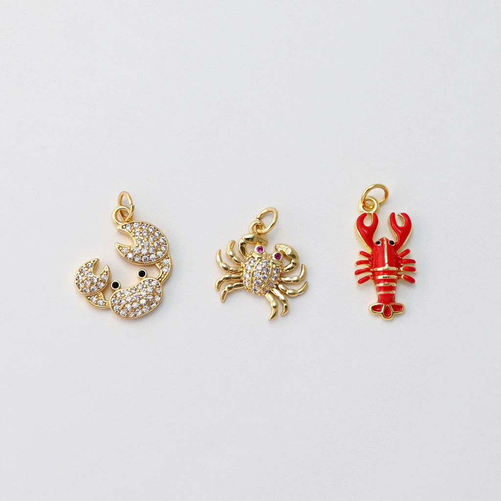 Crab/Lobster Pendant, Enamel Marine Life Charms, Pave CZ, 18K Gold Plated Charms, For Bracelet And Necklace Making, Jewelry Findings S1427