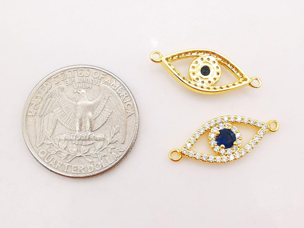 Blue Cubic Evil Eye Connector Charm, 18K Gold Plated Micro CZ Pave Connector, 24*10mm, Bracelet Making, Jewelry Findings S136