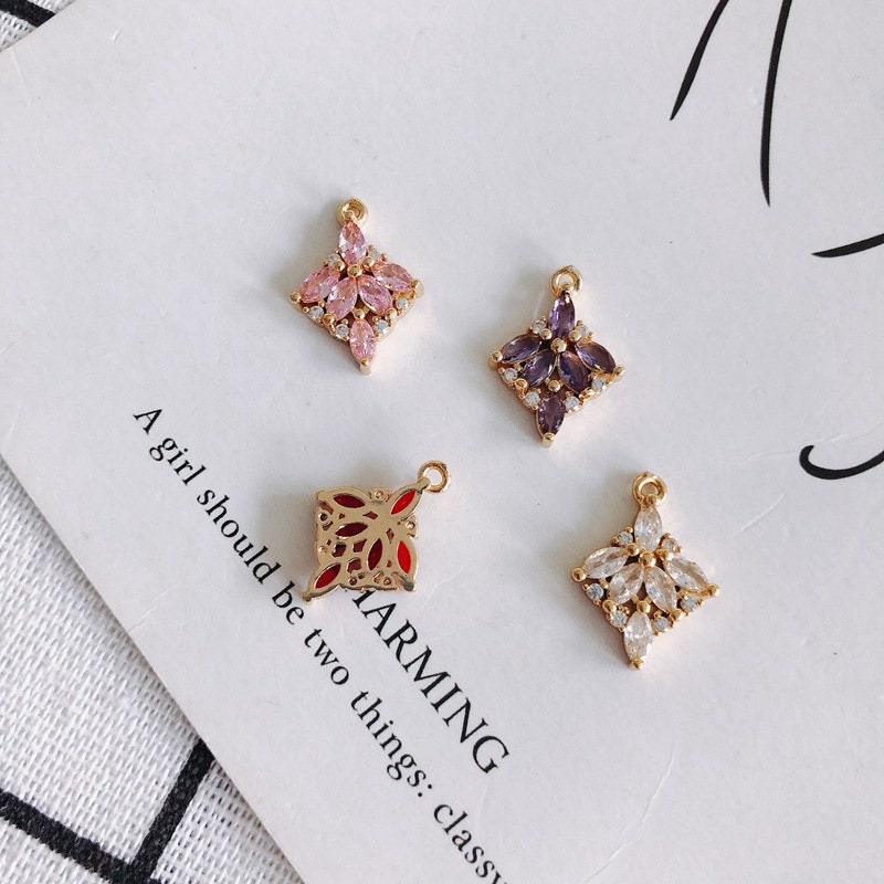 10 قطع من دلايات الزهور مع حلقات، قلادة بوهو، قلادة مكعبة مرصعة بالأحجار الكريمة، صناعة قلادة سوار، نتائج مجوهرات مطلية بالذهب MY063-F060