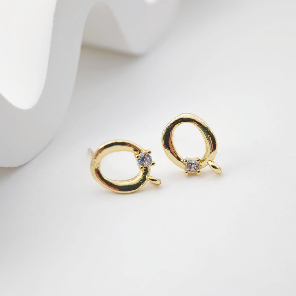 2pcs 18K Gold Hammered Circle Post With Loop, S925 Silver Pin, Oval Stud Earring Nickel Free, Hypoallergenic Earring Findings D0233