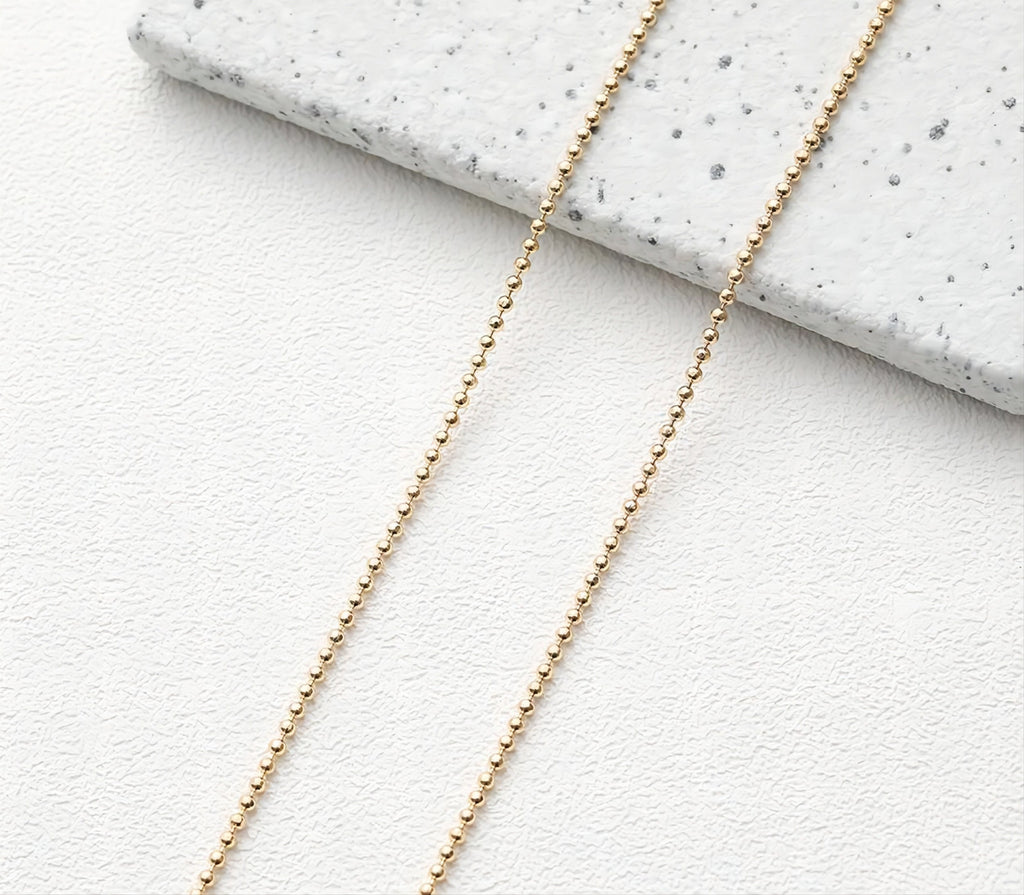 14K Gold Beads Chain, 2mm, 2.4mm in Flat, Necklace Link Chain, Unfinished Chain, Hypoallergenic, Necklace Making Findings GT007