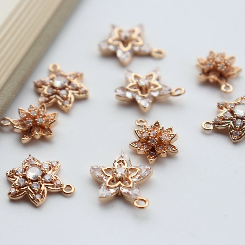 10pcs Flower Charm, Cubic Zircon Crystal Flower Pendant, CZ Earring Charms,   Gold Plated  Earring Charms, Jewelry Findings JY028-F004