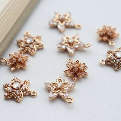 10pcs Flower Charm, Cubic Zircon Crystal Flower Pendant, CZ Earring Charms,   Gold Plated  Earring Charms, Jewelry Findings JY028-F004