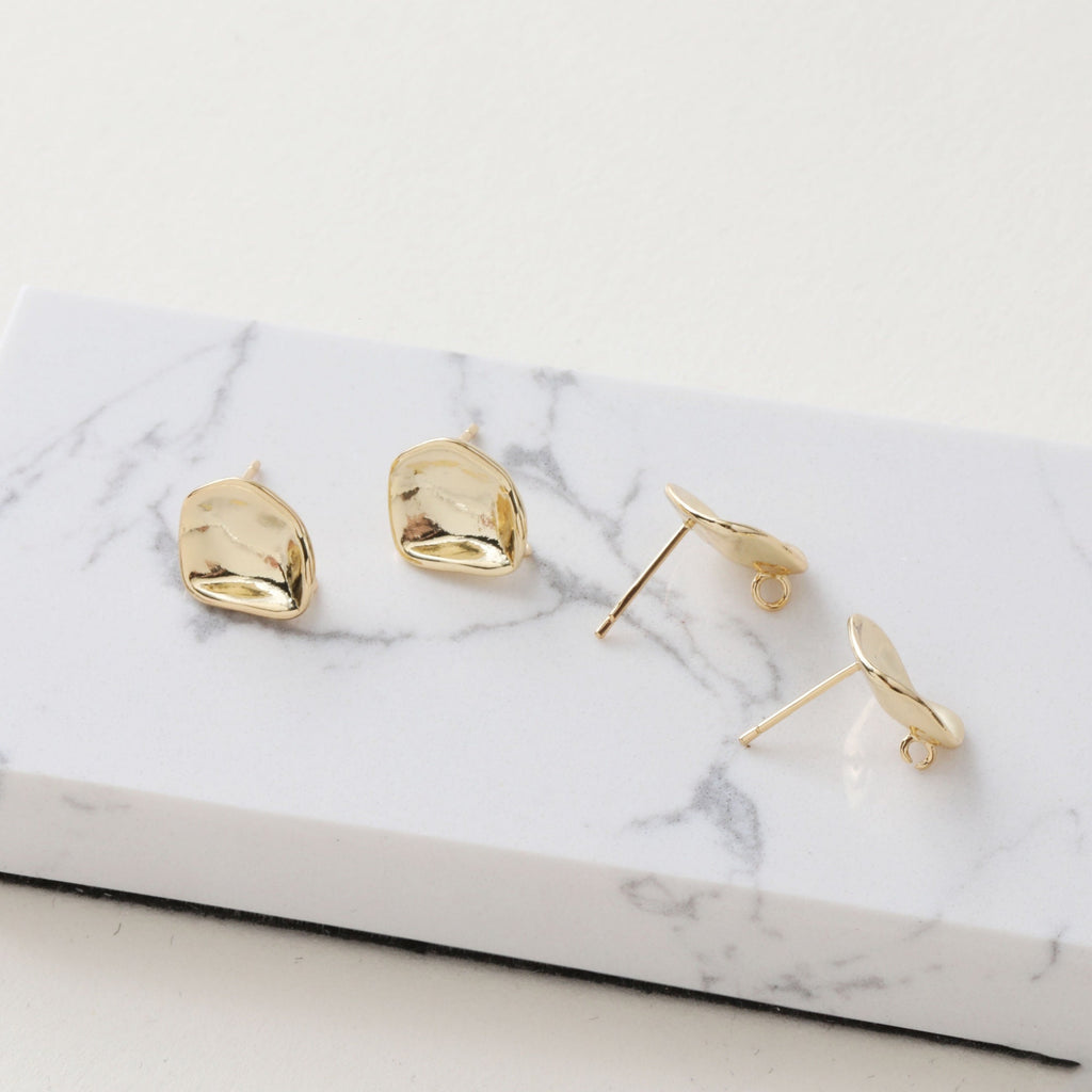 Hammered Irregular Earring Post, S925 Silver Pin, CZ Pave, Nickel Free Earrings, Irregular Shape Ear Stud with Loop JJ026-CX012