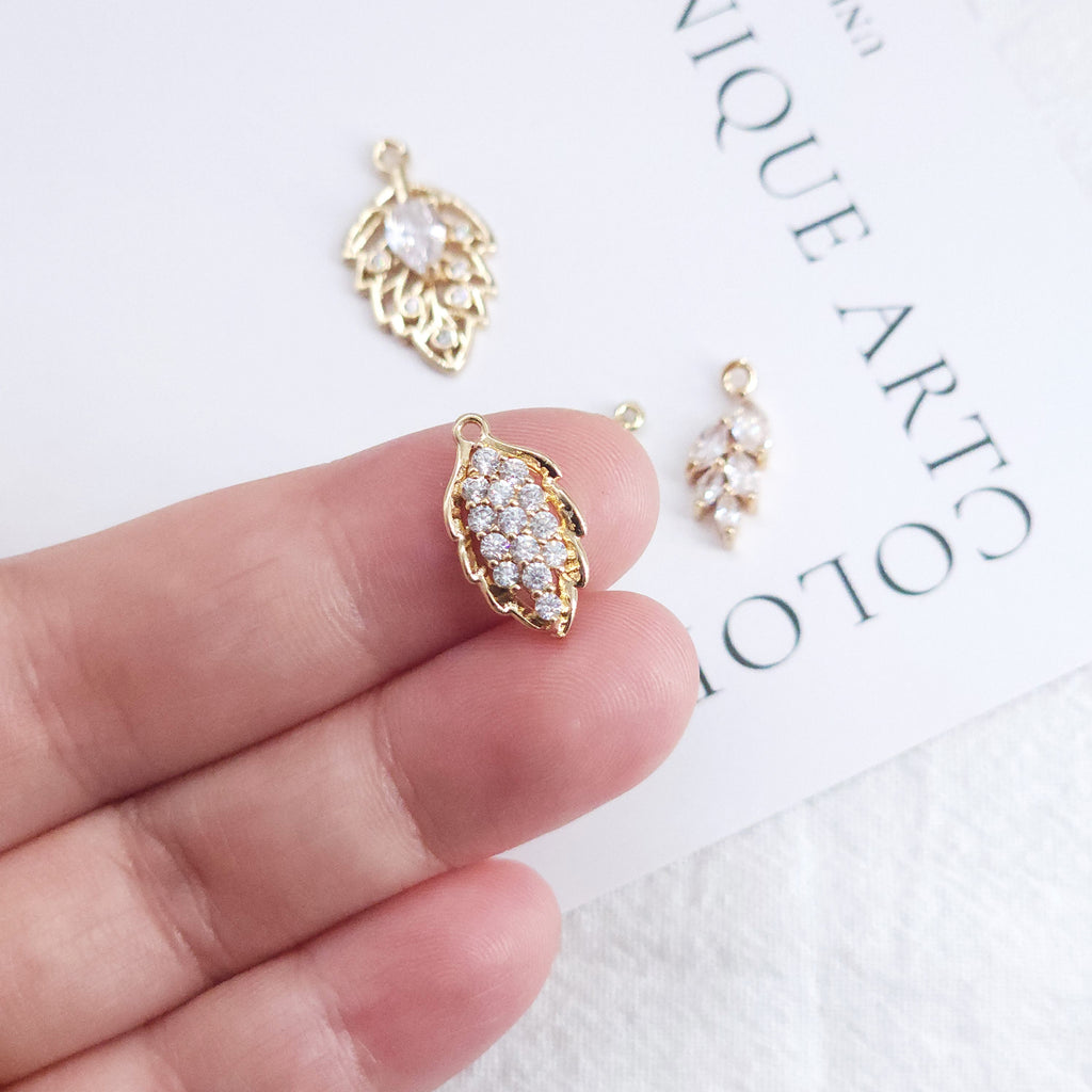 CZ Pave Leaf Charm, Cubic Zircon Crystal Leaf Pendant, CZ Earring Charms,  Real Gold Plated Brass Earring Charms, Jewelry Finding ZR009-F141