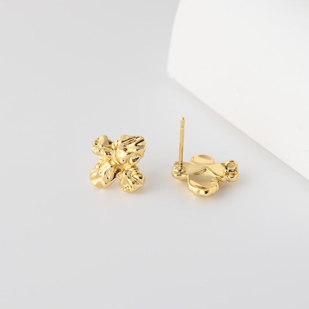 Pleated Flower Earrings Post With Loop, 18K Gold Plated, Nickel Free, S925 Silver Pin, Ear Stud Hypoallergenic Earring Findings D0447