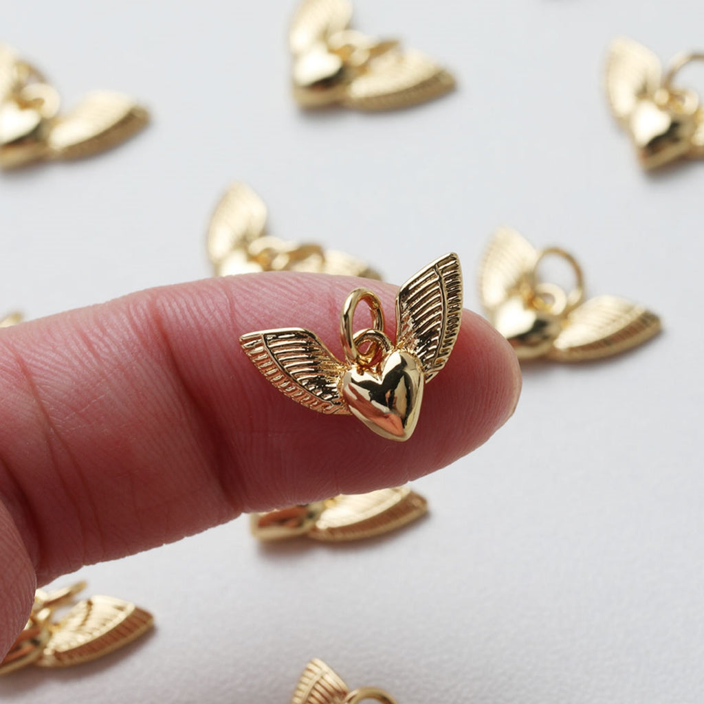Gold Wings of Love Pendant, 14K Gold Wing Charm, Heart Charm for Necklace Making, Jewelry Findings GT032