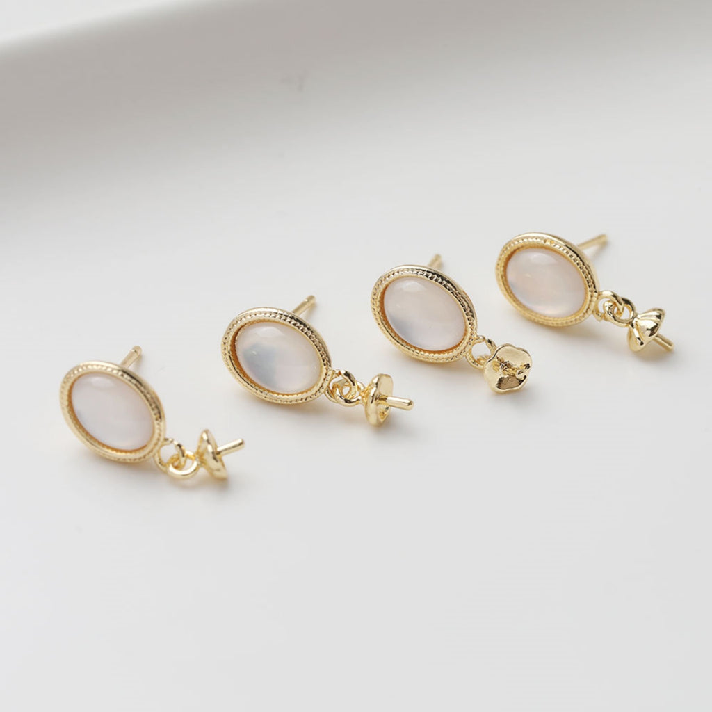Oval Shape Post Earring, S925 Silver Ear Pin Nickel Free, MOP, Ear Stud with Peg Bail Caps for Half Drilled Earring Findings GZ502