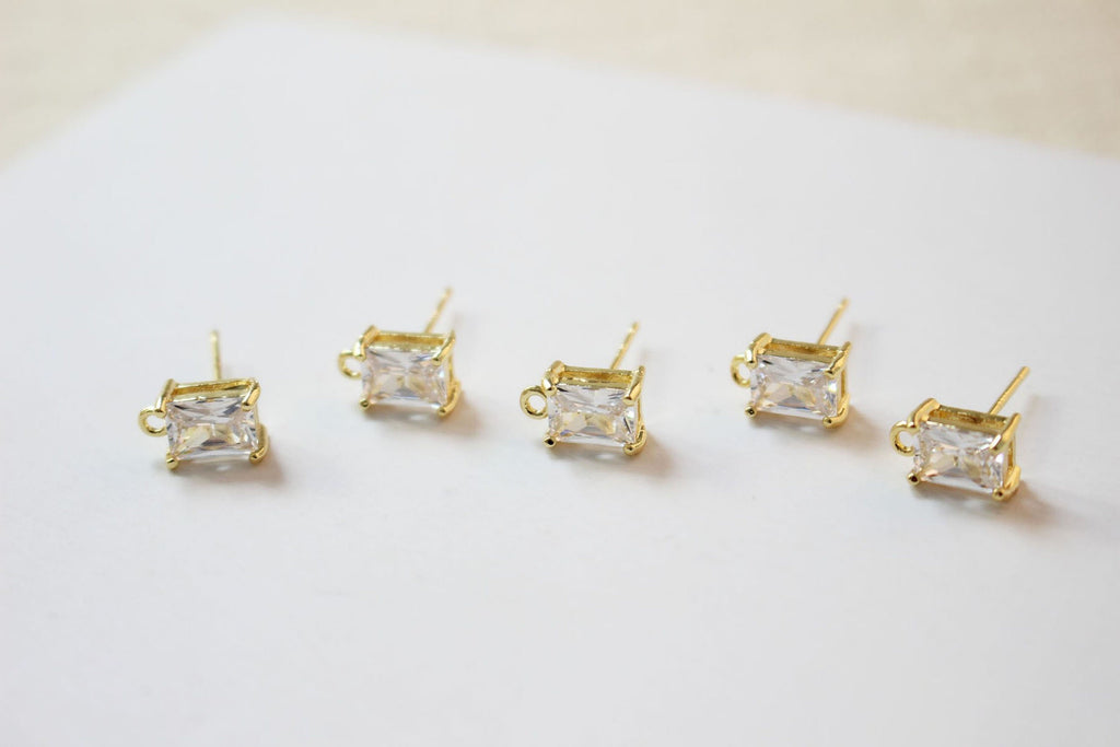 Rectangular Ear Post With Loop, Star, CZ Stone, S925 Silver Ear Pin Nickel Free, Gold Ear Stud, Hypoallergenic Earring Findings GZ179
