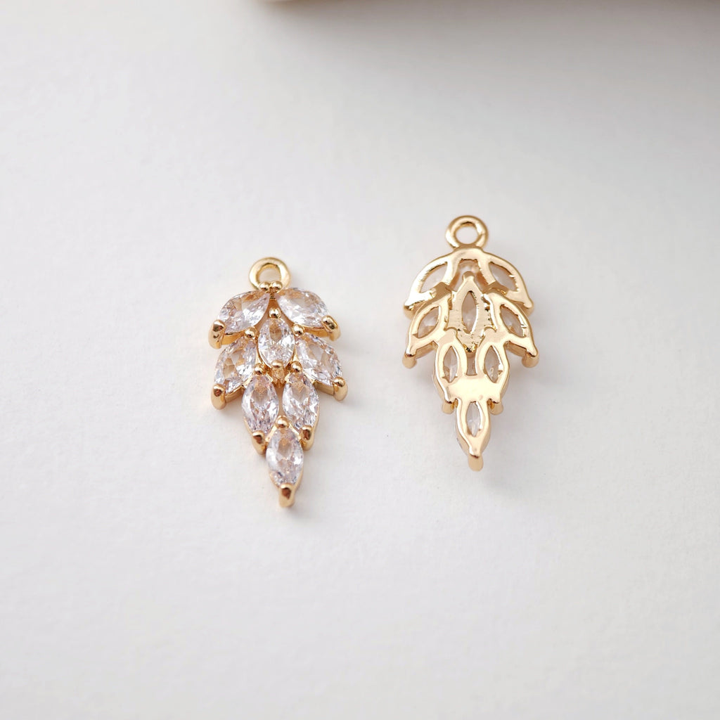 CZ Pave Leaf Charm, Cubic Pendant, Earring Connectors, Real Gold Plated Brass Earring Charms, Jewelry Findings D0070