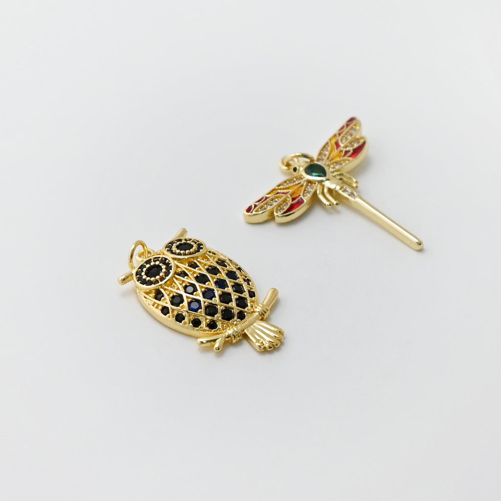 Owl Charms, Dragonflies Pendant, 18K Gold Plated Cubic Micro Pave Charms, The Owl Pendant, Necklace charms, Jewelry Findings S20770