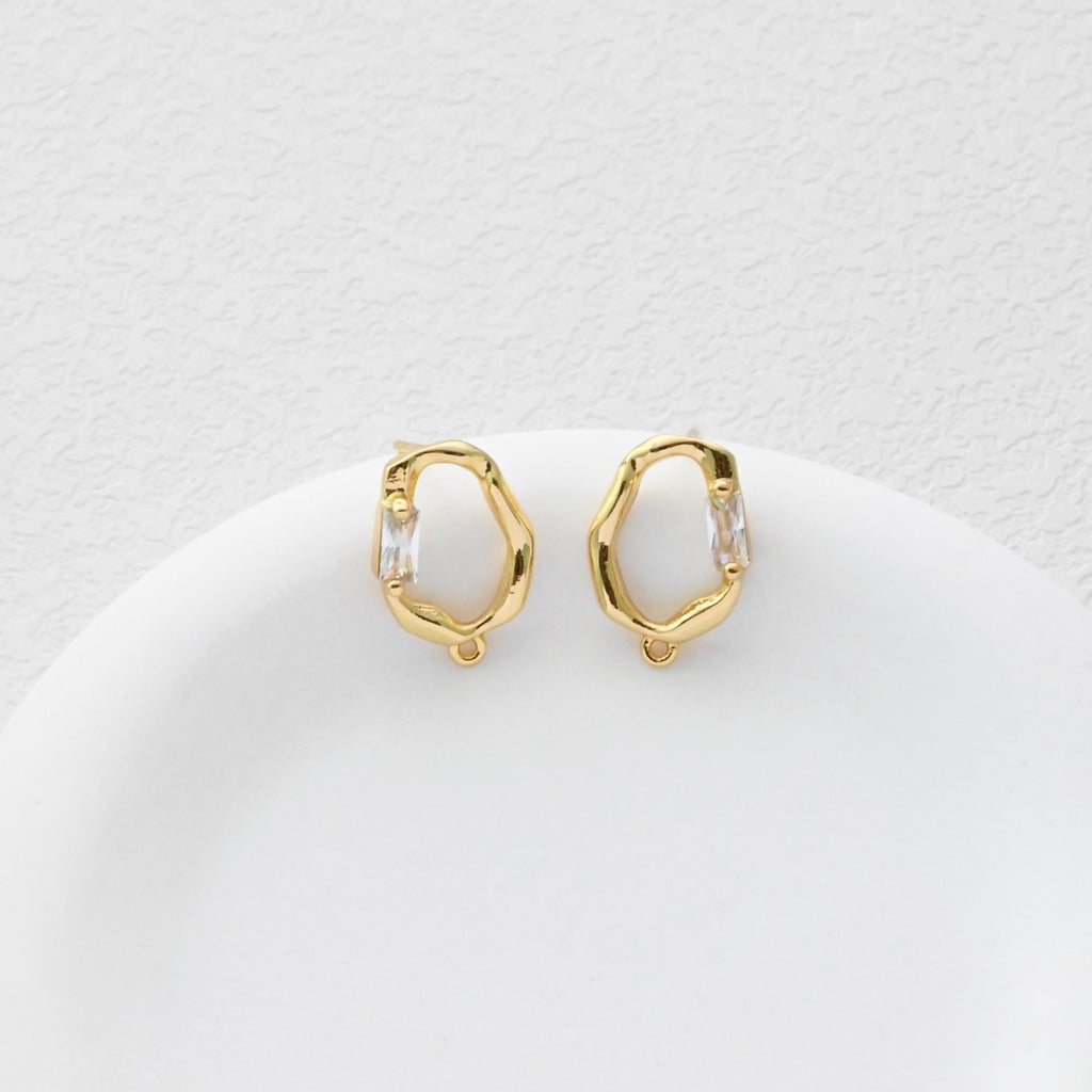 Irregular Oval Earrings Post With Loop, 18K Gold Plated, Nickel Free, S925 Silver Pin,Ear Stud Hypoallergenic Earring Findings D0459