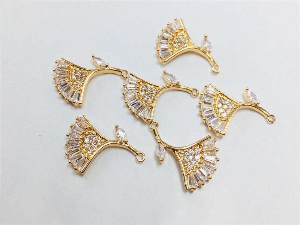 CZ Pave Fan Shape Charm, Cubic Zircon Crystal Fan Connector, CZ Earring Charms, Real Gold Plated, Jewelry Findings STG053-F219