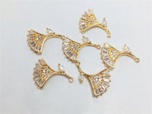 Load image into Gallery viewer, CZ Pave Fan Shape Charm, Cubic Zircon Crystal Fan Connector, CZ Earring Charms, Real Gold Plated, Jewelry Findings STG053-F219