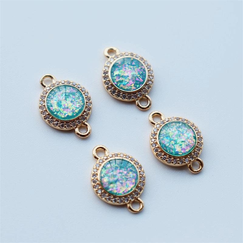 5pcs Faux Opal Round Connectors, Cubic Zircon Crystal Pendant, Bracelet Necklace Pendant, 14K Real Gold Plated, Jewelry Findings JY082-F236