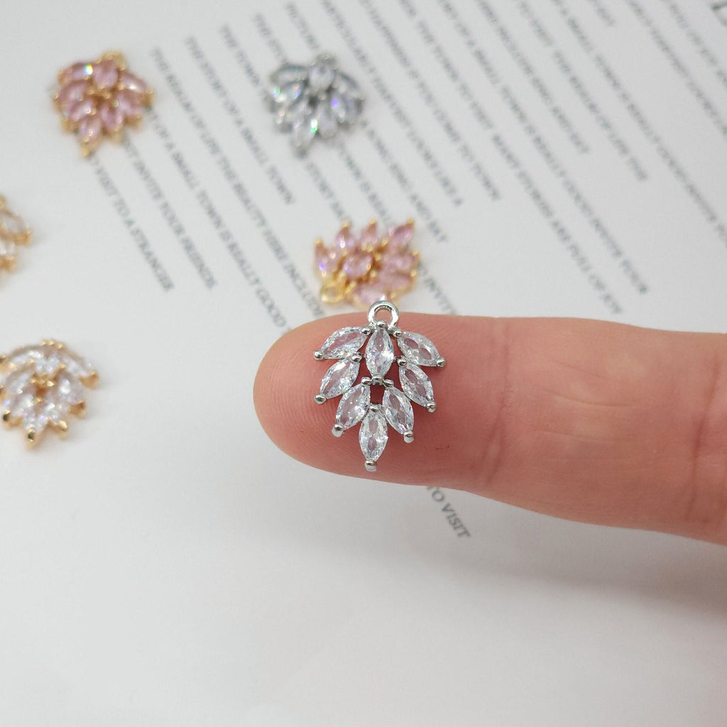 CZ Pave Leaf Charm, Cubic Zircon Crystal Leaf Pendant, CZ Earring Charms,  Real Gold Plated Brass Earring Charms, Jewelry Finding ZR004-F046
