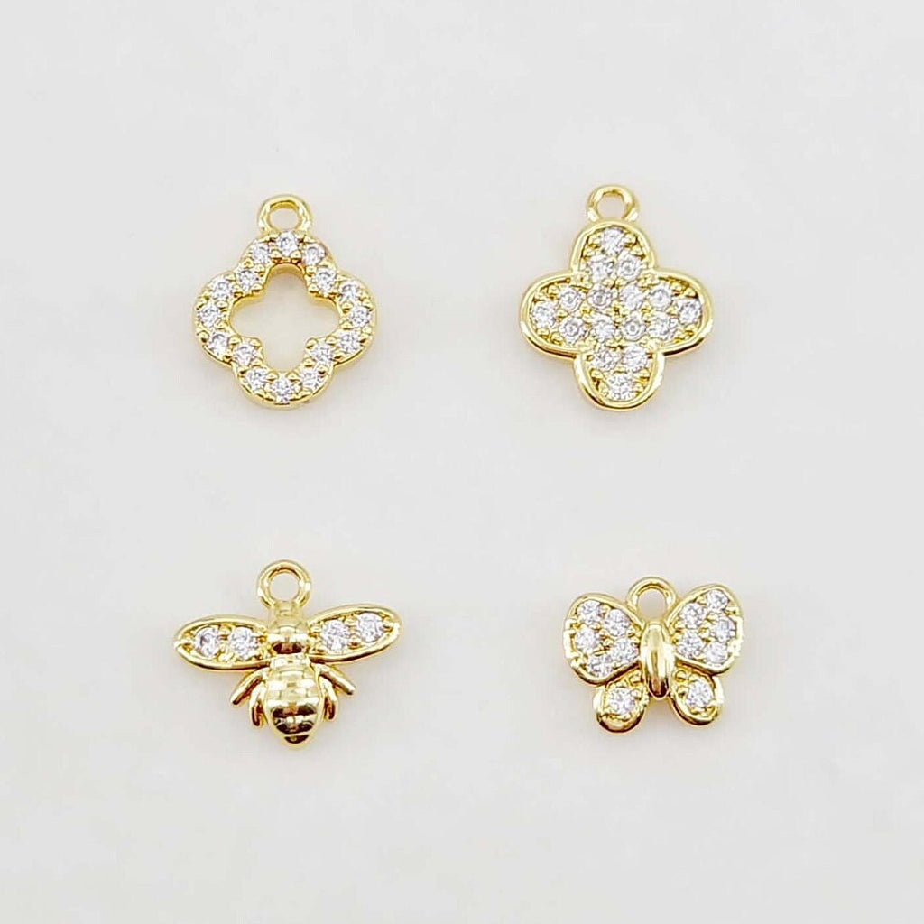 Flowers and Insects Charm, Butterfly, Bee, Four Leaf Clover, 18K Gold Plated, Cubic Pave Charm, Necklace Jewelry Finding S20643