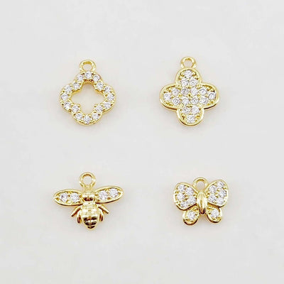 Flowers and Insects Charm, Butterfly, Bee, Four Leaf Clover, 18K Gold Plated, Cubic Pave Charm, Necklace Jewelry Finding S20643