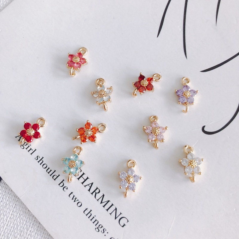 5pcs Flower Connector Charm with loops, Multicolour Cubic Pave Pendant, Bracelet Necklace Making, Gold Plated Jewelry Findings L001-F258