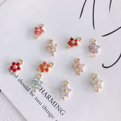 5pcs Flower Connector Charm with loops, Multicolour Cubic Pave Pendant, Bracelet Necklace Making, Gold Plated Jewelry Findings L001-F258