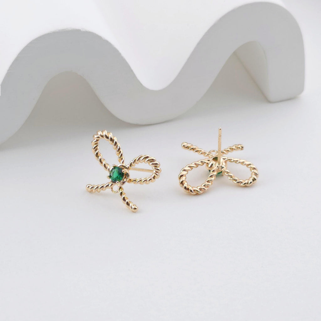 Bow Tie Earring Post With Loop, 14K Gold Plated, Green CZ Pave, Nickel Free Earrings, Bow Tie Ear Stud with Loop ZX312