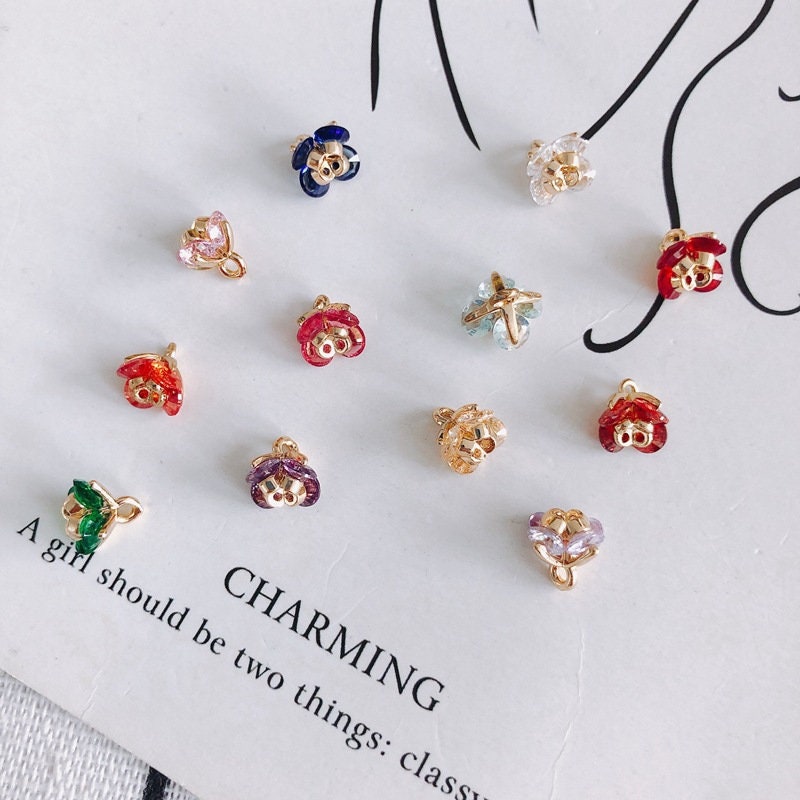 10pcs Flower Pendant Charm with loops, 3D Mini Flower, Cubic Pave Pendant, Bracelet Necklace Making, Gold Plated Jewelry Findings MY065-F059