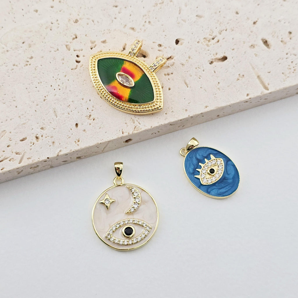 Enamel Evil Eye Charm, 18K Gold Plated Eye Pendant, CZ Pave Charm, Necklace Making Charm, Jewelry Findings S1286