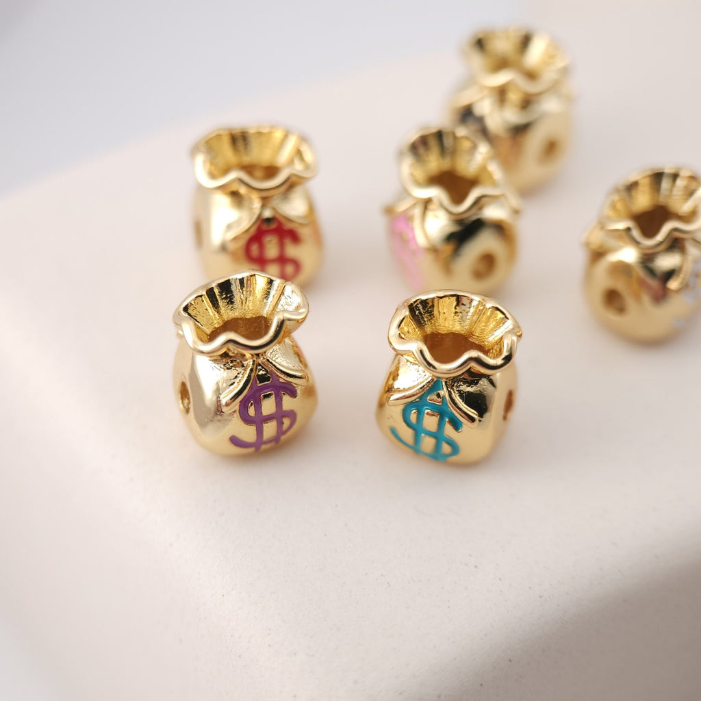 Enamel Money Bag Beads, Dollar Spacer Beads, 18K Gold Plated,  Bracelet Necklace Making Jewelry Finding S1136