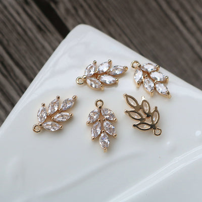 2PCS CZ Pave Leaves Charm, Cubic Zircon Crystal Leaf Pendant, Necklace Pendant, Gold Plated Charm, Jewelry Findings HL049-F012