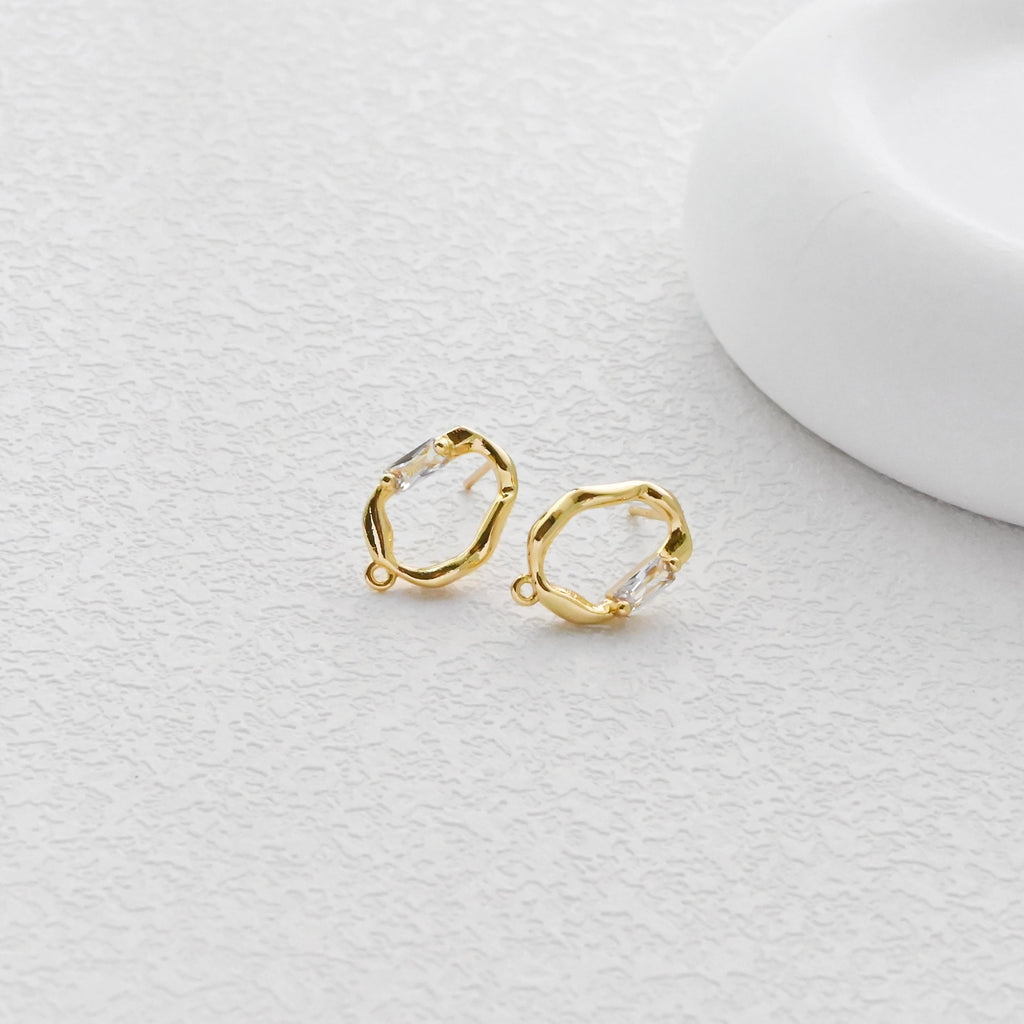 Irregular Oval Earrings Post With Loop, 18K Gold Plated, Nickel Free, S925 Silver Pin,Ear Stud Hypoallergenic Earring Findings D0459