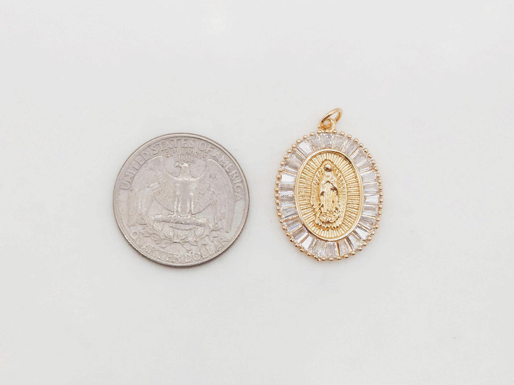 Cubic Saint Maria Charm, Religious Pendant, 18K Gold Plated Micro CZ Pave Our Lady Pendant, Vintage Necklace Making Charm S20373