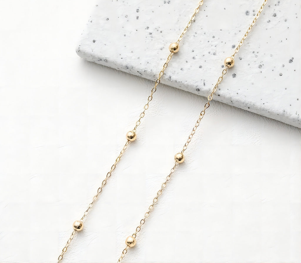 14K Gold Beads Oval Chain, 1mm, 1.5mm, 2mm in Flat, Necklace Link Chain, Unfinished Chain, Hypoallergenic, Necklace Making Findings GT008