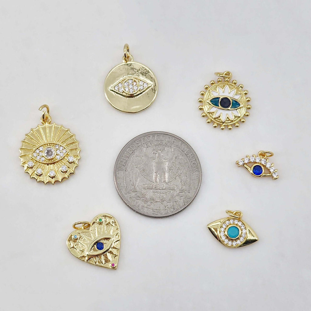 Evil Eye Charm Collection, Coin Pendant, 18K Gold Plated CZ Pave Eye Pendant, Necklace Making Charm, Jewelry Findings S20654